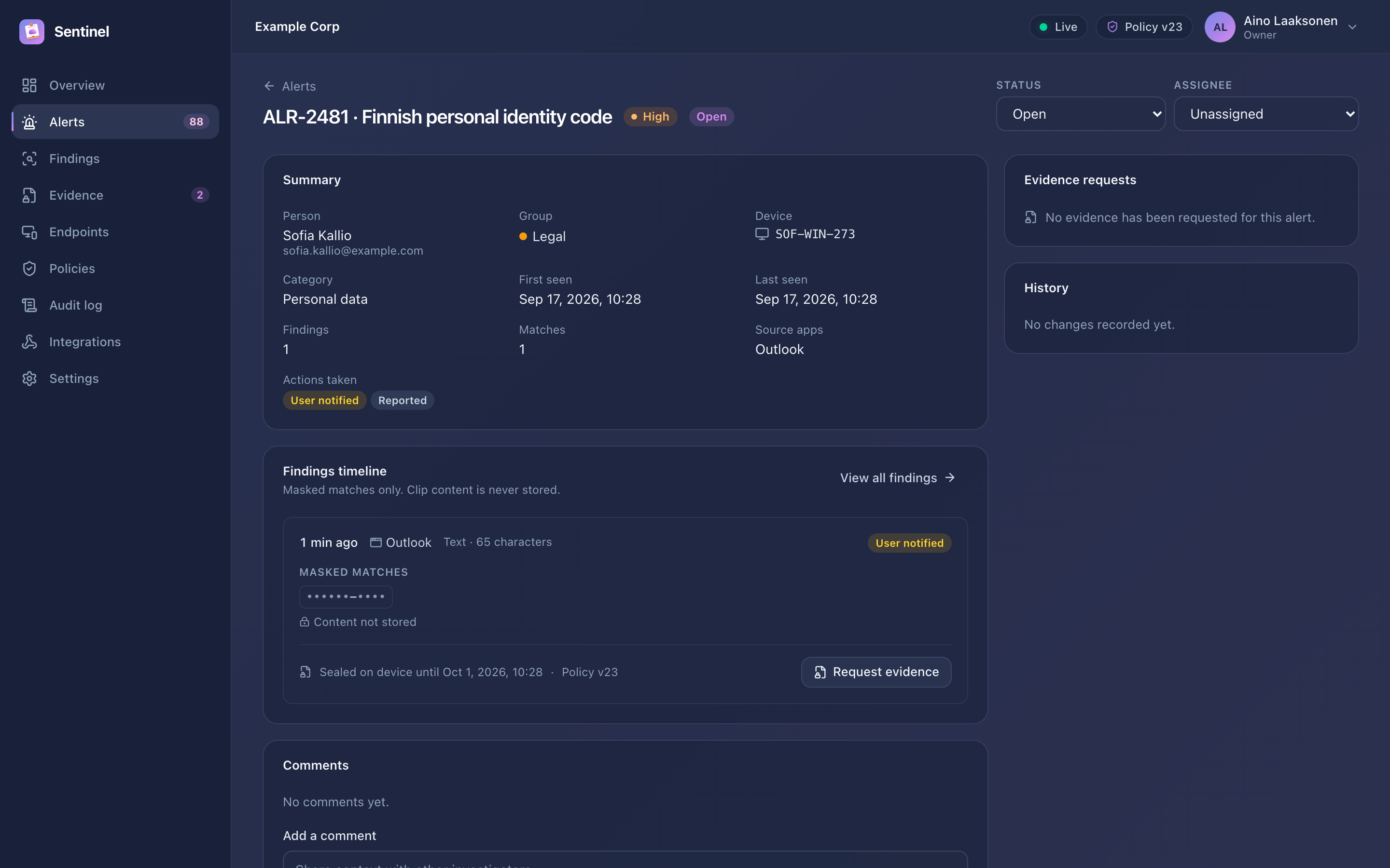 Alert detail with masked matches, actions taken on the device and evidence request